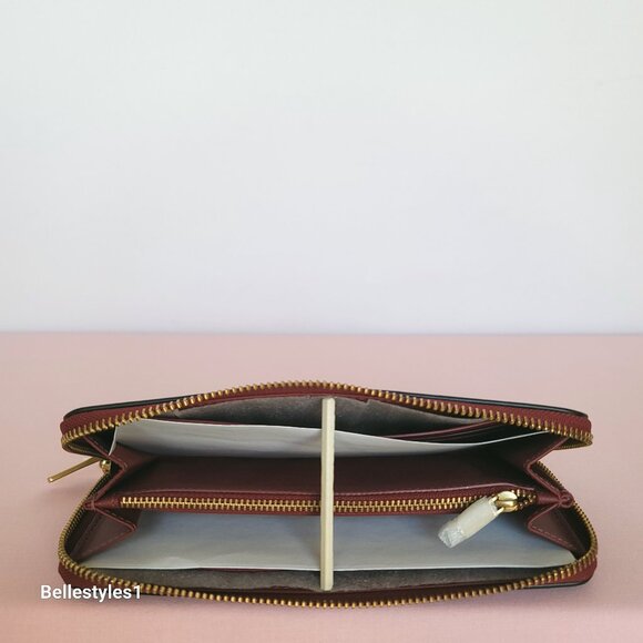 COACH Slim Accordion Smooth Calf Leather Zip-Around Wallet- Cherry color - Picture 12 of 16